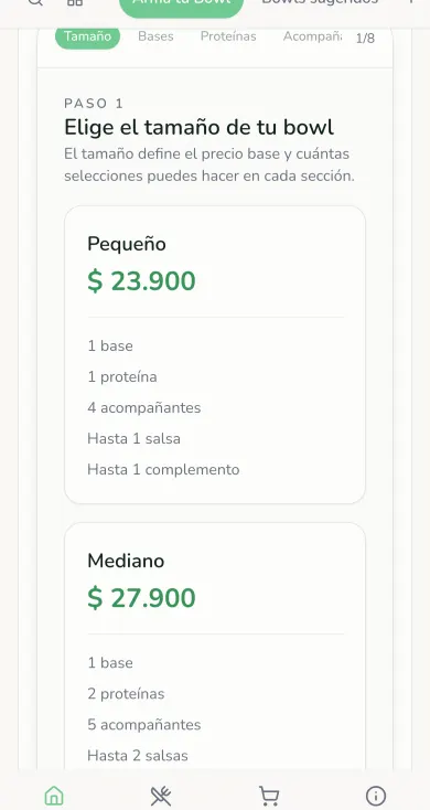 El configurador de bowls en móvil, paso 1 de 8