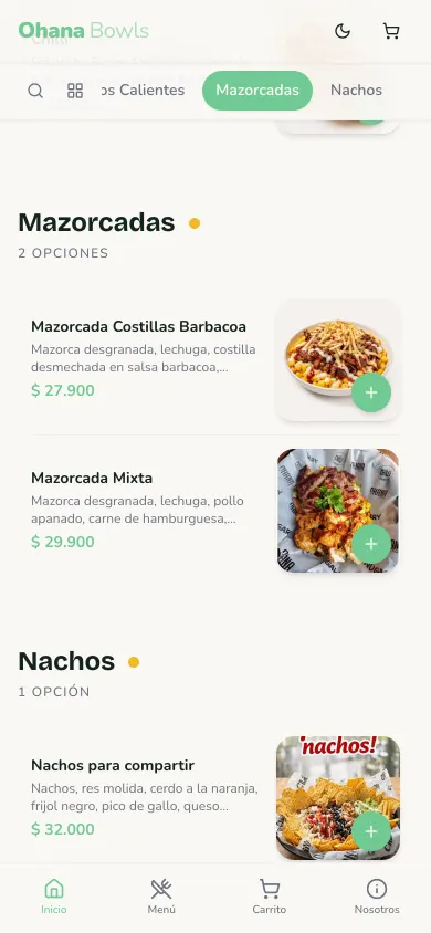 Categorías de combos y nachos en el menú