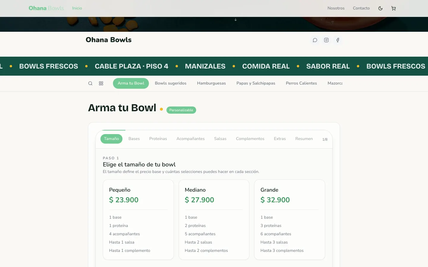 El configurador de bowls en escritorio, con los tres tamaños y las reglas de cada uno