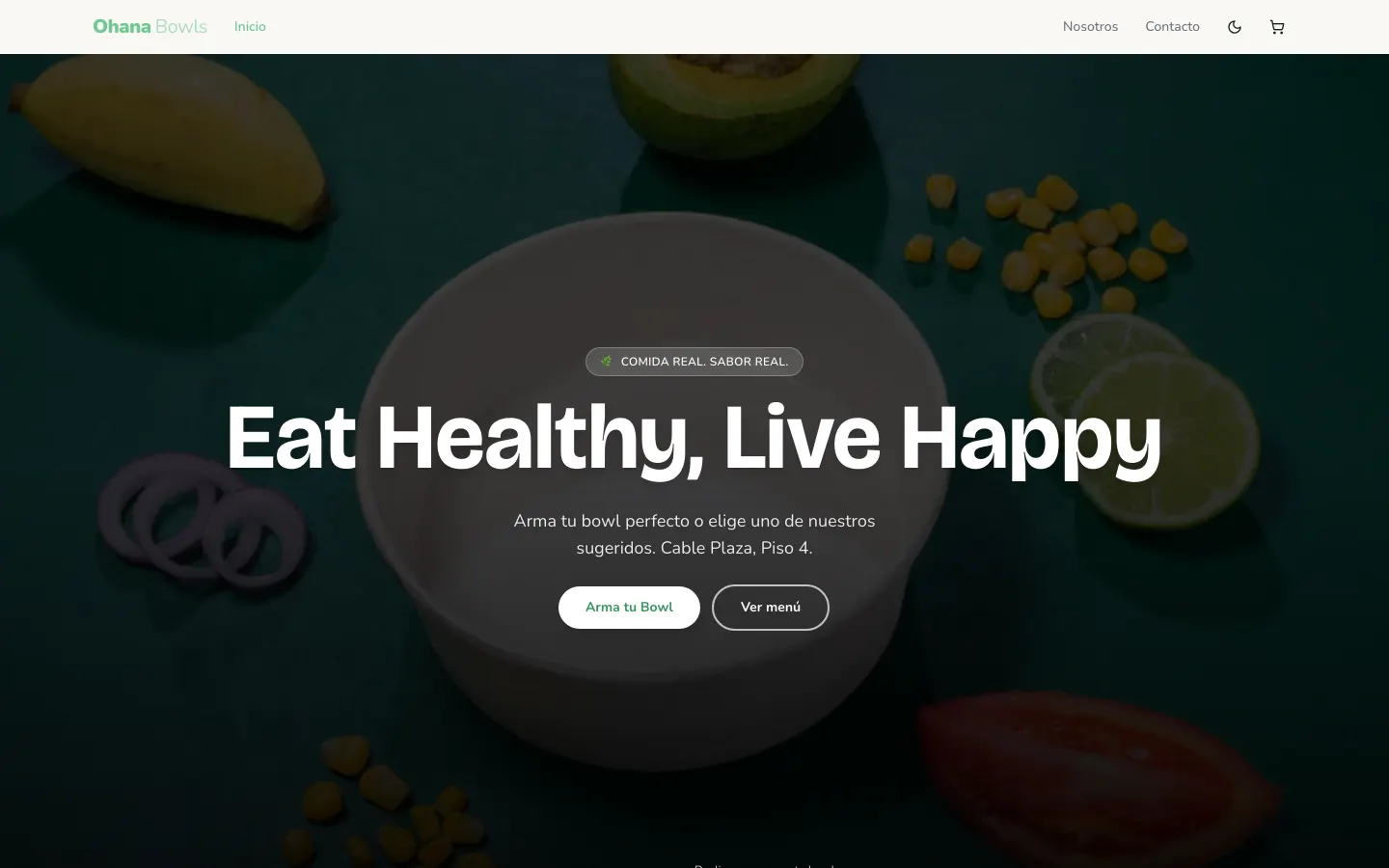 Portada del sitio de Ohana Bowls en escritorio