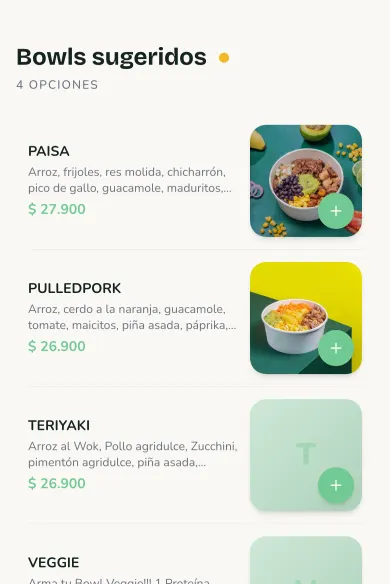 Lista de bowls sugeridos con foto, descripción y precio