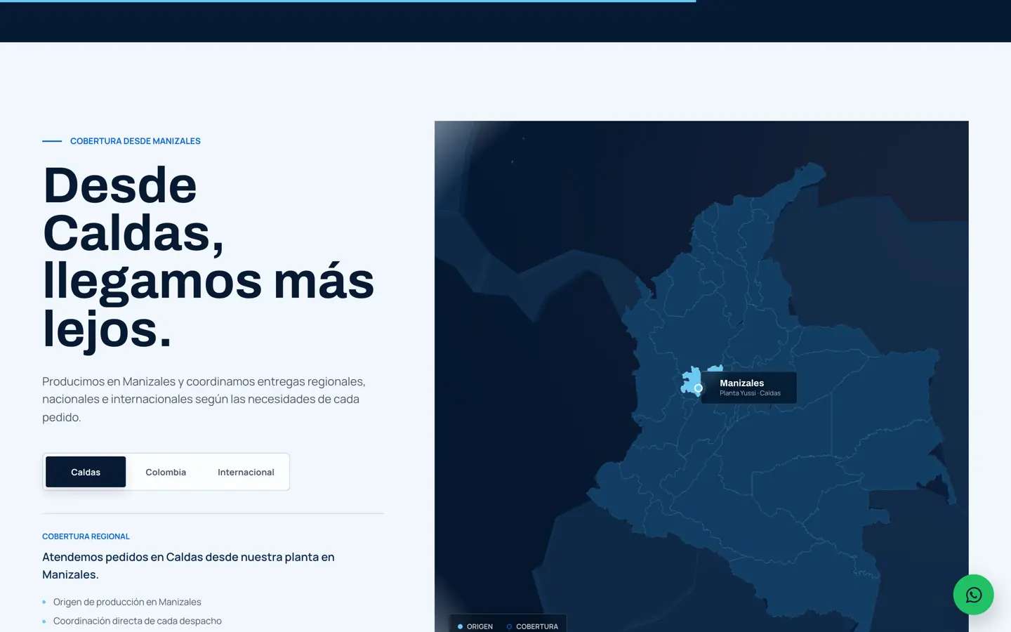El mapa de cobertura con las pestañas Caldas, Colombia e Internacional